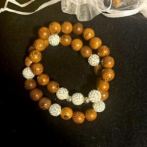 2 New Handcrafted Bracelets Natural Woods Beads with Glitter Accents